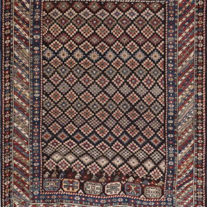 Dark tribal rug featuring a dense geometric field and multicolored borders of red, blue, and tan colors.
