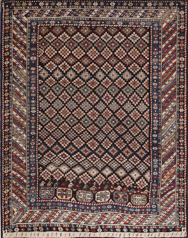 Dark tribal rug featuring a dense geometric field and multicolored borders of red, blue, and tan colors.