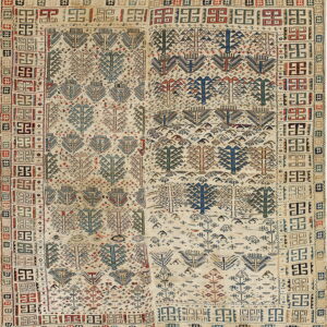 A cream rug featuring rows of stylized trees in blue, red, and brown, framed by wide geometric borders.