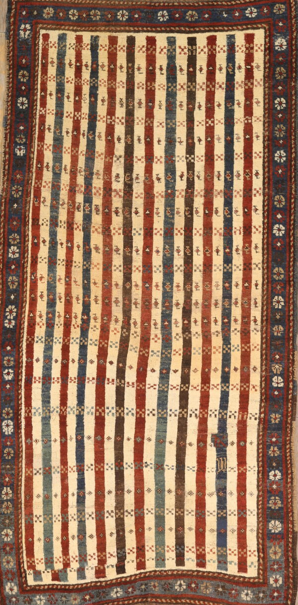 Tribal stripped antique ivory caucasian late 19th century rug