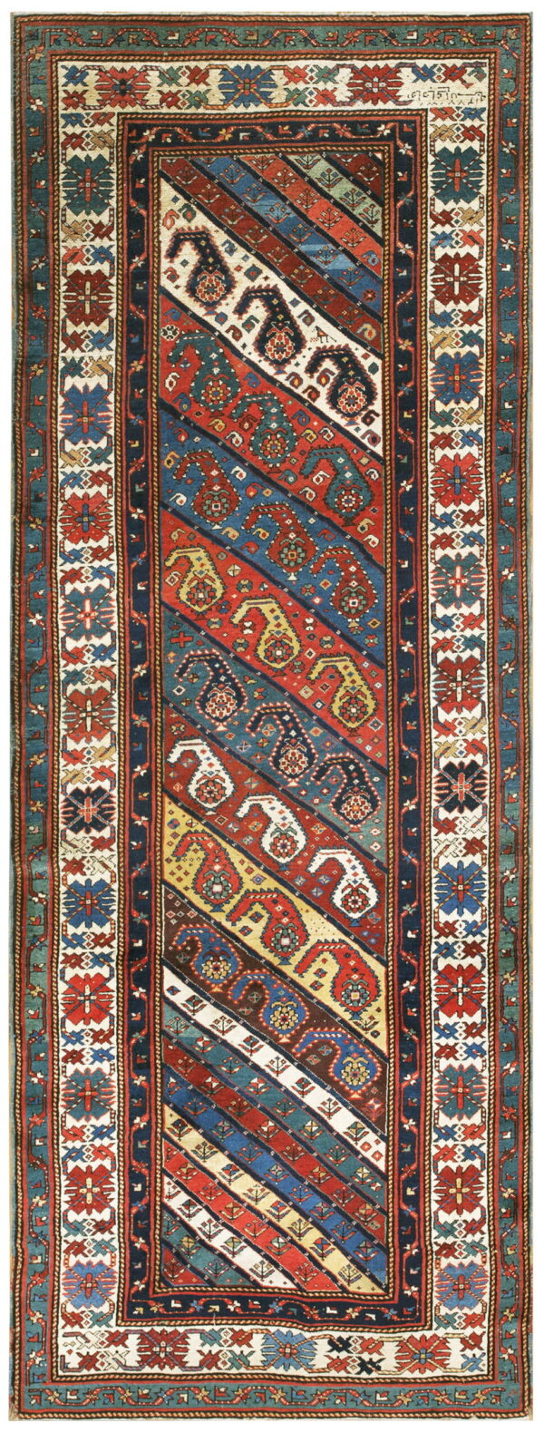 Red, blue, and cream runner rug with diagonal bands containing paisley patterns and elaborate borders.