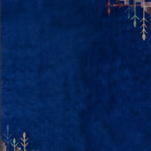 Navy blue rug featuring stylized geometric and arrowhead patterns in opposing corners.