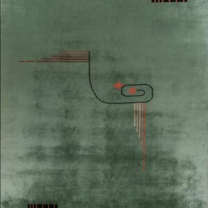 Deep green, low-pile rug with abstract geometric patterns in black and reddish-orange.