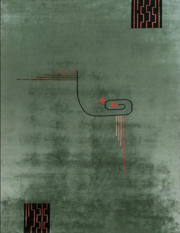 Deep green, low-pile rug with abstract geometric patterns in black and reddish-orange.