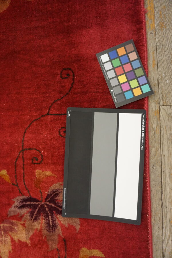 Textured, plush red rug with large autumnal leaf patterns rests next to worn wood flooring.