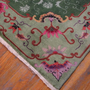 Close-up of a green rug featuring pink and red ornate floral patterns on a worn wood plank floor.