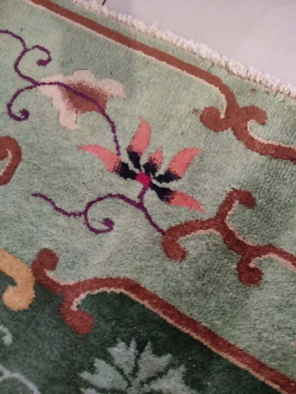 High-pile rug with a sage green field and stylized floral patterns in pink, red, and dark green.