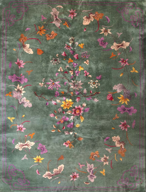 Shaded green rug featuring a colorful central floral vine pattern and a magenta bordered edge.