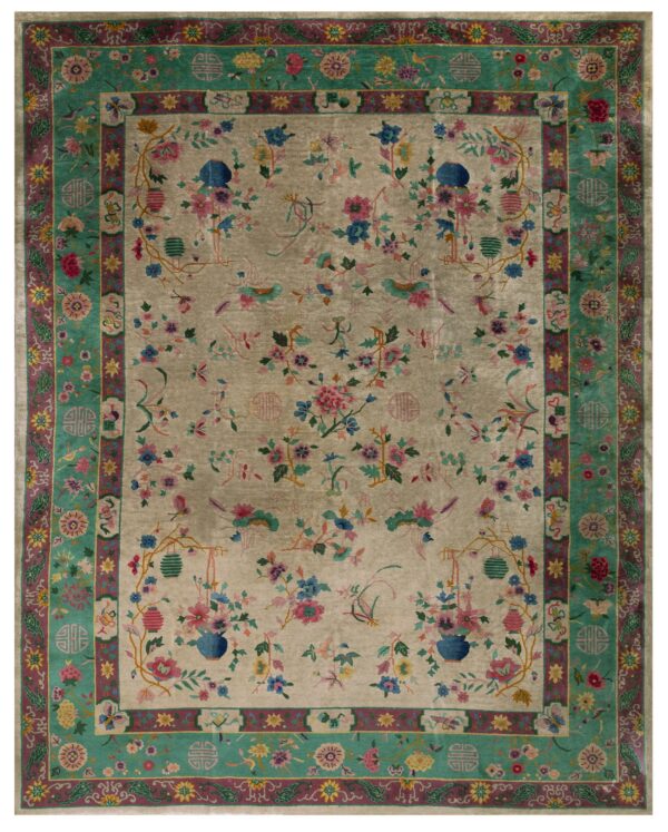 Beige rug with colorful floral motifs, birds, and vases, bordered by intricate teal and magenta patterns.