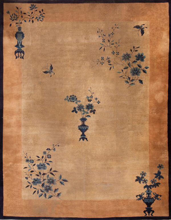 Hand knotted pile antique floral medallion ivory beige cream white wool rectangle 1920s rug