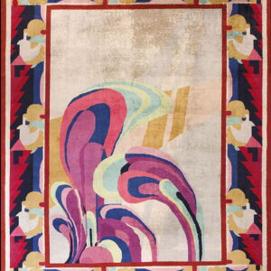 Multi-colored abstract rug with a neutral center featuring purple swirls and a complex border of red, blue, and gold shapes.