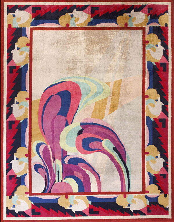 Multi-colored abstract rug with a neutral center featuring purple swirls and a complex border of red, blue, and gold shapes.