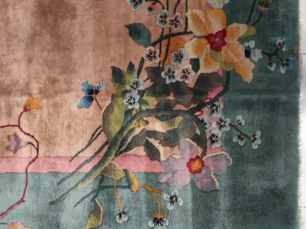 Chinese art deco ivory room size rectangle 1920s wool antique knotted rug 4 Colorful floral design on rug