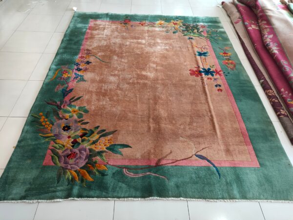 Chinese art deco ivory room size rectangle 1920s wool antique knotted rug 3 Chinese art deco ivory room size rectangle 1920s wool antique knotted rug - image 3