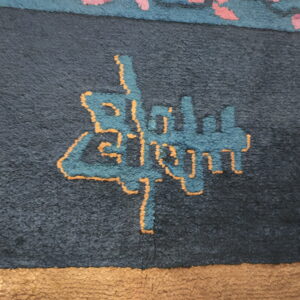 Abstract teal and orange pattern on a textured navy rug with brown and pink borders visible at the edges.