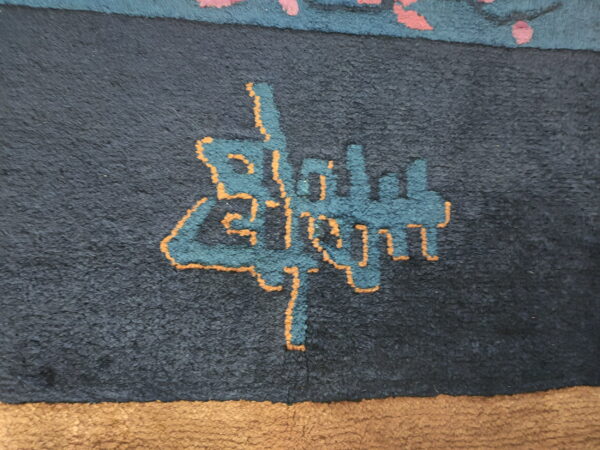 Abstract teal and orange pattern on a textured navy rug with brown and pink borders visible at the edges.