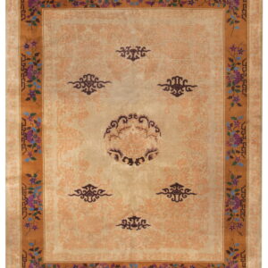 Beige rug featuring peach patterns, dark brown stylized motifs, and a wide ochre border with purple and blue florals.