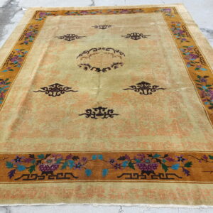 Tan rug featuring subtle peach patterns and a contrasting wide brown border with purple and teal floral designs.