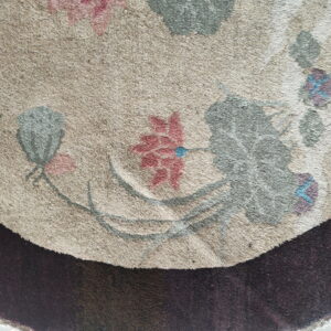 Detail view of a shaggy beige rug with floral patterns and a contrasting dark brown edge.