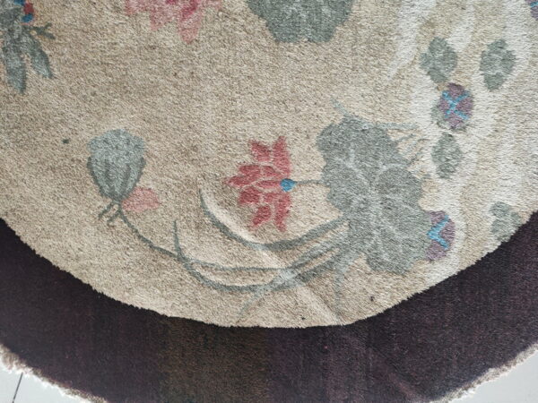 Detail view of a shaggy beige rug with floral patterns and a contrasting dark brown edge.