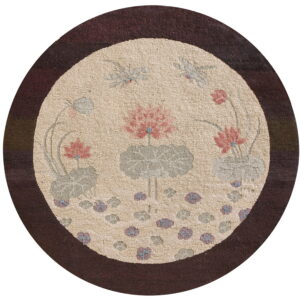 Circular rug with a dark brown border and beige center, patterned with pink and green floral elements.