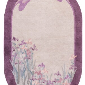 Oval rug with a magenta border, beige center, and a floral iris pattern along the bottom edge.