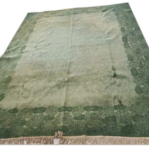 Distressed green area rug featuring a lighter central field and a dark green floral border with fringe.