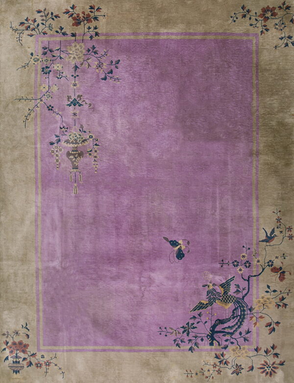 Purple field rug with a taupe border patterned with flowering branches, vases, and stylized birds and butterflies.