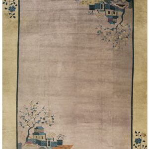 Beige and mauve rug featuring a low pile and decorative corner patterns of flowering trees and pagodas.