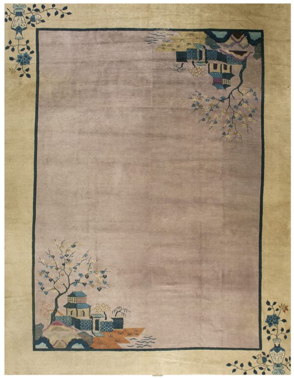 Beige and mauve rug featuring a low pile and decorative corner patterns of flowering trees and pagodas.