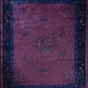 Deep magenta rug with a dark blue border featuring scattered floral and traditional Chinese motifs.
