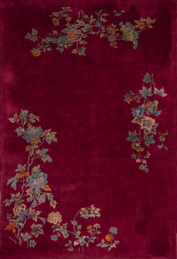 Floral design on deep red background.