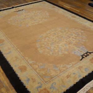 Beige rug featuring two large floral vase medallions, light blue accents, and a wide black outer border.