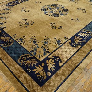 Angled view of a plush tan and blue rug with a central medallion laying on distressed wood floors.