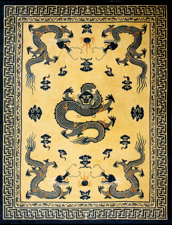 Beige rug with dragon motifs.
