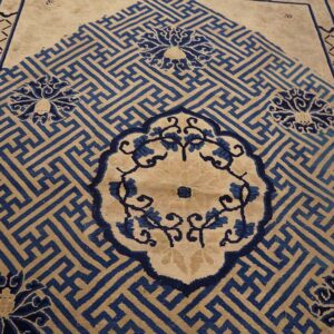 Beige rug with a repeating blue labyrinth pattern, floral motifs, and a patterned border with fish.