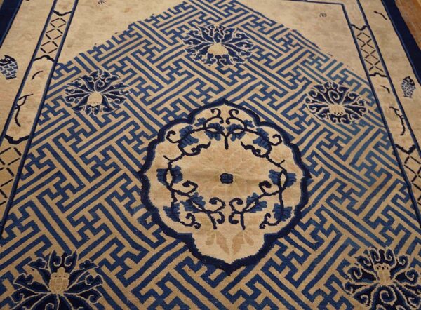 Beige rug with a repeating blue labyrinth pattern, floral motifs, and a patterned border with fish.