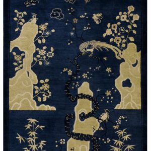 Navy blue rug with a light gold scenic design of birds, rocks, bamboo, flowers, and floating clouds.