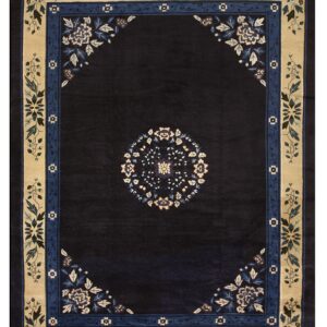Dark navy pile rug with a beige and blue floral border surrounding a central medallion design.