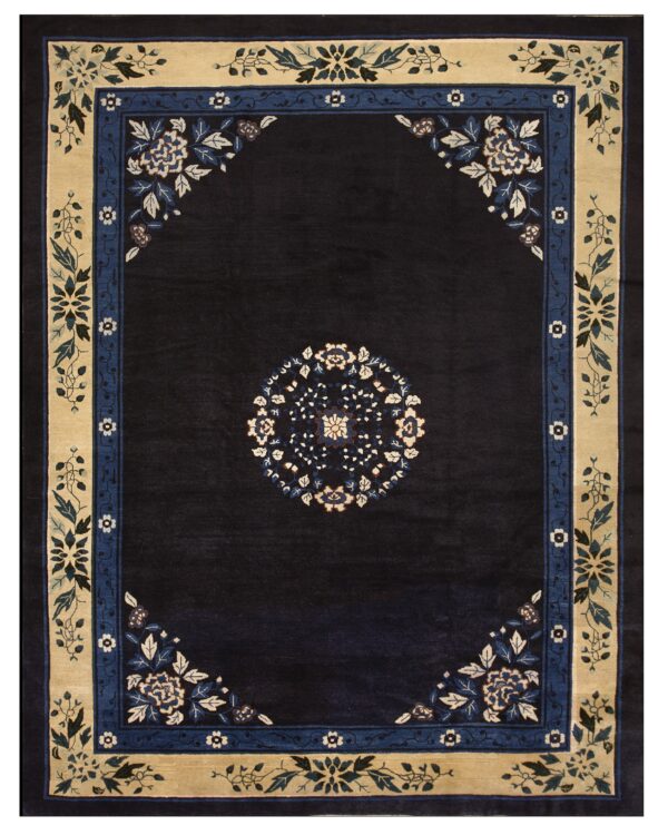 Dark navy pile rug with a beige and blue floral border surrounding a central medallion design.