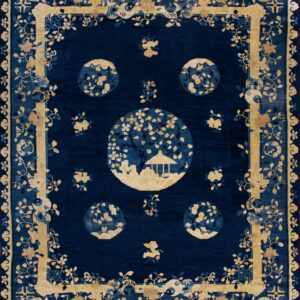 Deep indigo rug with contrasting gold floral patterns and medallions featuring a small pavilion design.
