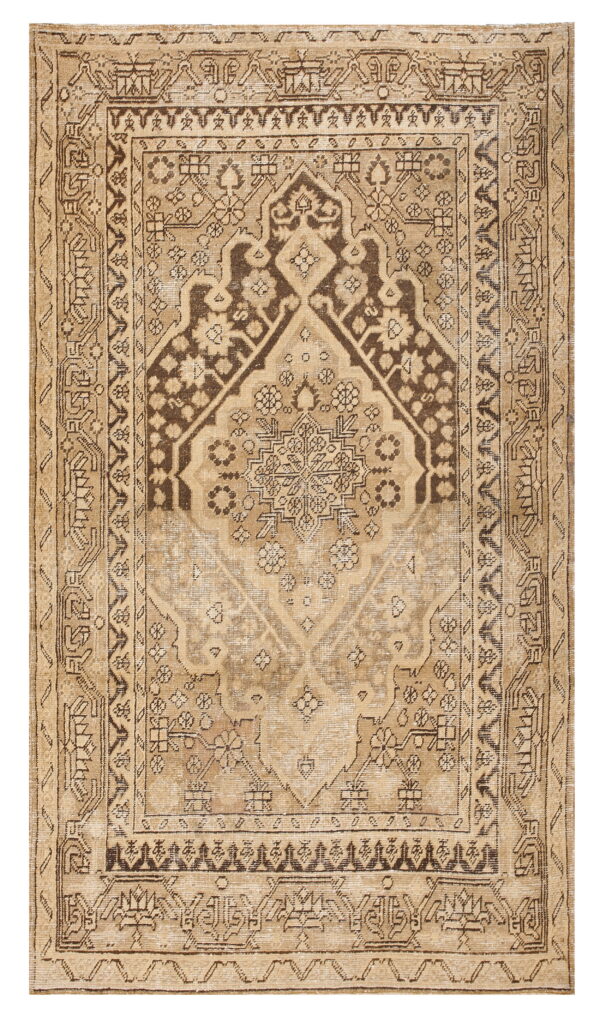 Faded tan rug featuring a traditional dark brown central medallion and complex geometric borders.