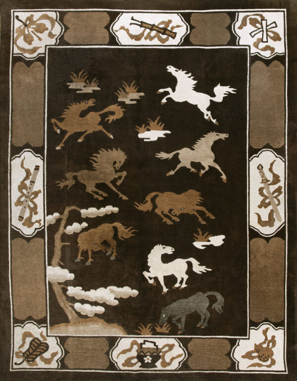 Plush dark brown rug patterned with running horses, surrounded by a wide border with stylized weapons and instruments.