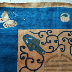 High-pile blue rug corner with a tan border featuring dark scrolling and a butterfly pattern.