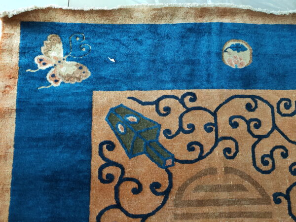 High-pile blue rug corner with a tan border featuring dark scrolling and a butterfly pattern.