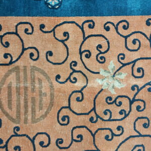 Low-pile rug detail showing dark scrolling vines on a textured peach field with a solid blue border.