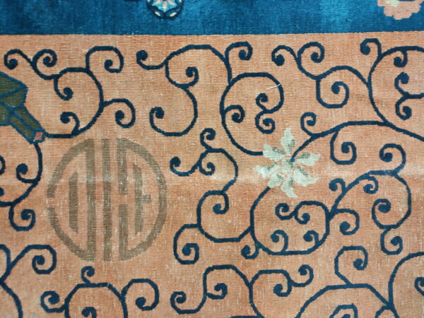 Low-pile rug detail showing dark scrolling vines on a textured peach field with a solid blue border.