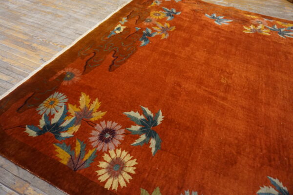Rust-colored plush rug with a colorful floral and leaf border resting on distressed wood flooring.