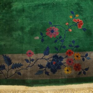 High-pile green rug corner showing red and blue floral vines and a contrasting taupe border with fringe.