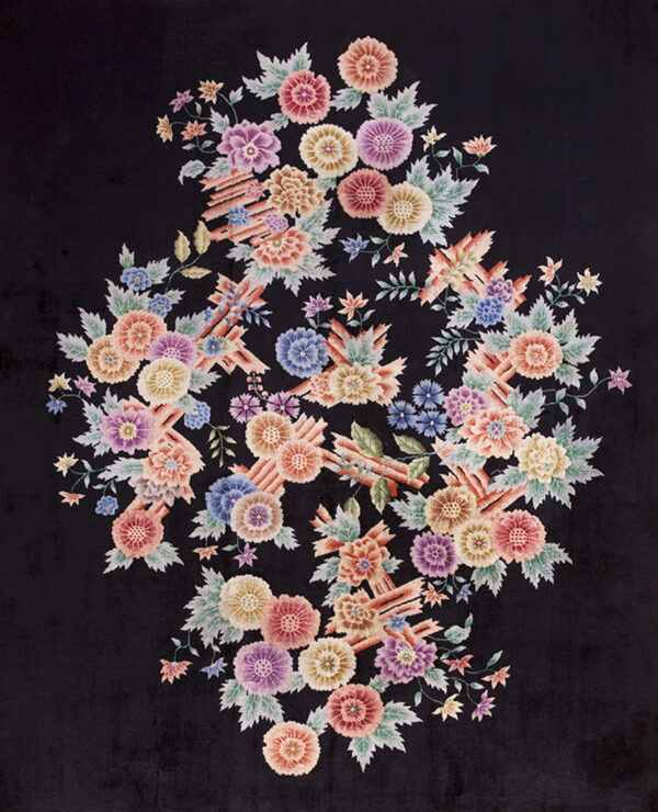 Black rug with a dense, symmetrical medallion of colorful pink, blue, and yellow stylized floral clusters and orange accents.